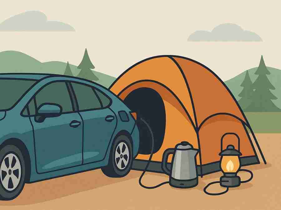 An illustration of an electrified vehicle at a camp site