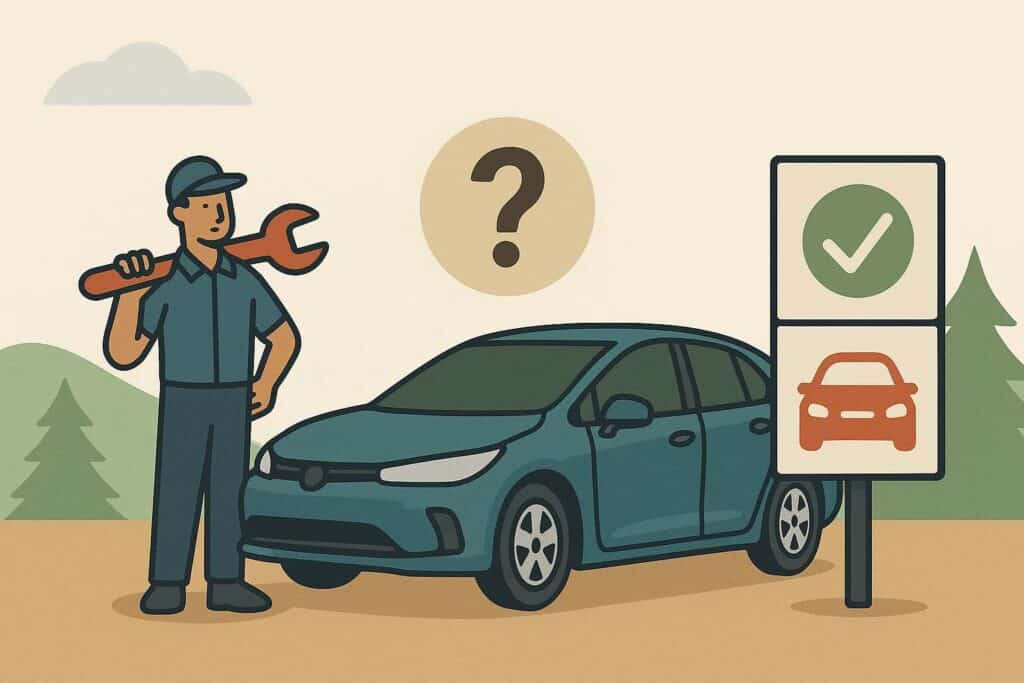 An illustration of a mechanic looking at a car with a large question mark